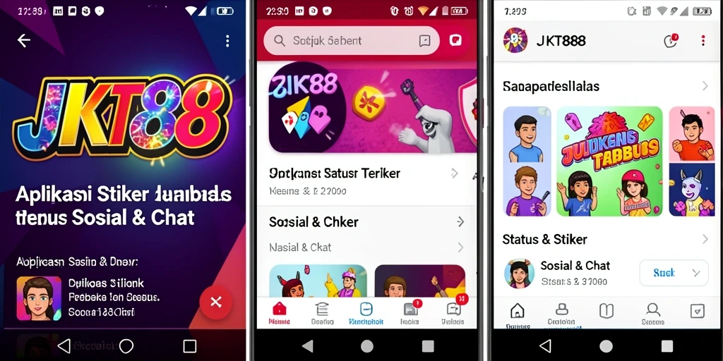 Antarmuka JKT88 menampilkan beragam stiker dan status menarik untuk dibagikan.